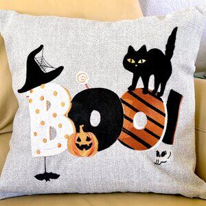 18" Sq Embroidered Halloween Boo Witch Hat Bat Skull Black Cat Pillow Cover New